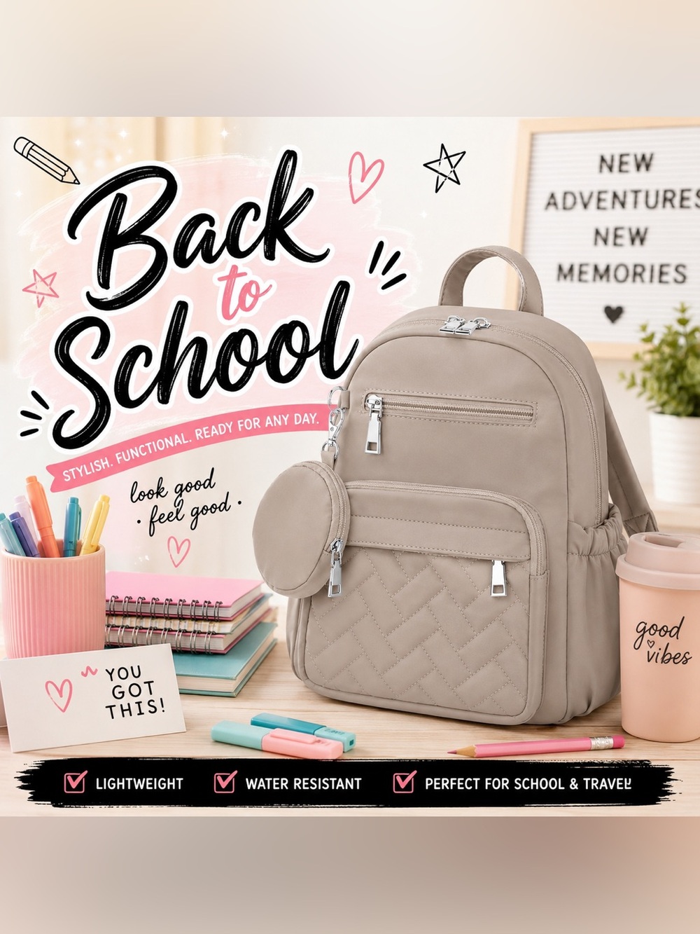 NWT SYTRAH Mini Puffer Backpack Taupe Anti-Theft Travel Bag